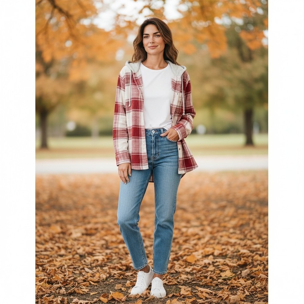 Time and Tru Hooded Flannel Wms XXL Red White Plaid Relaxed Shacket Grunge Fall